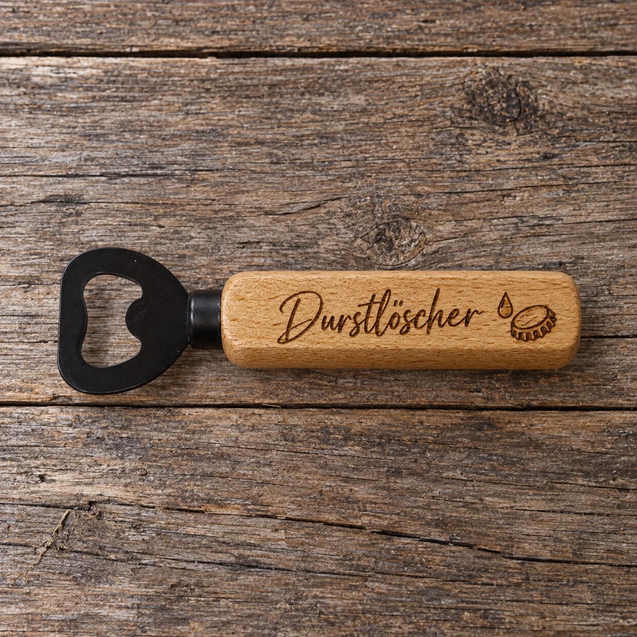 Flaschenöffner Buchenholz – Lasergravur Durstlöscher