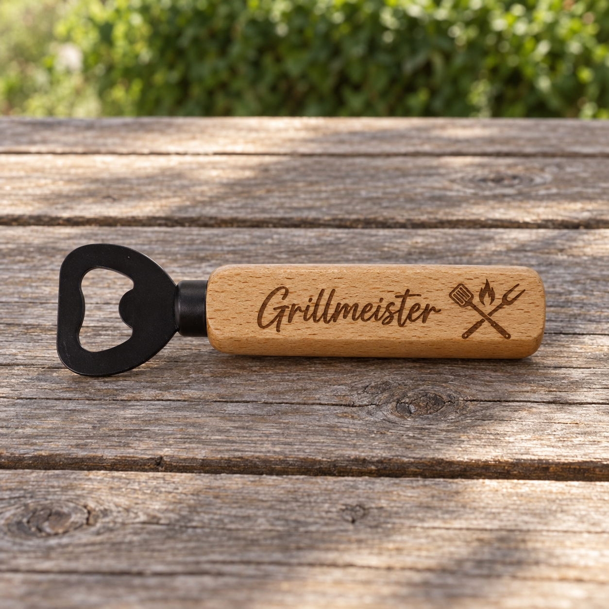 Flaschenöffner Buchenholz – Lasergravur Grillmeister