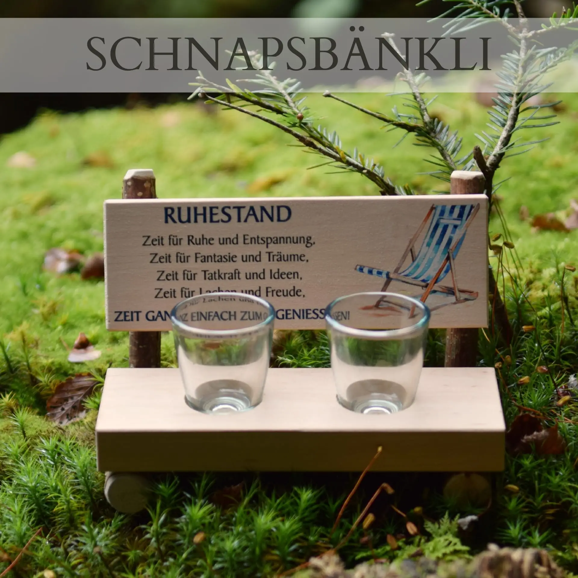 Schnapsbänkli mit zwei Gläsern – Gravur Ruhestand