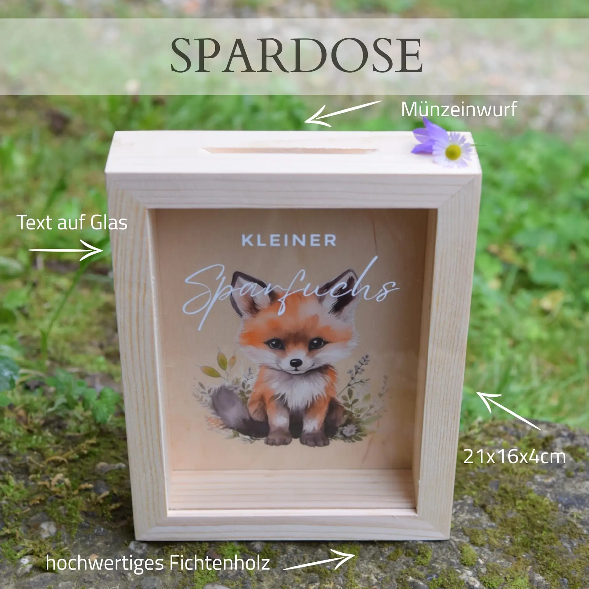 Holz-Spardose Bilderrahmen – Farbdruck Kleines Wunder mit Massen