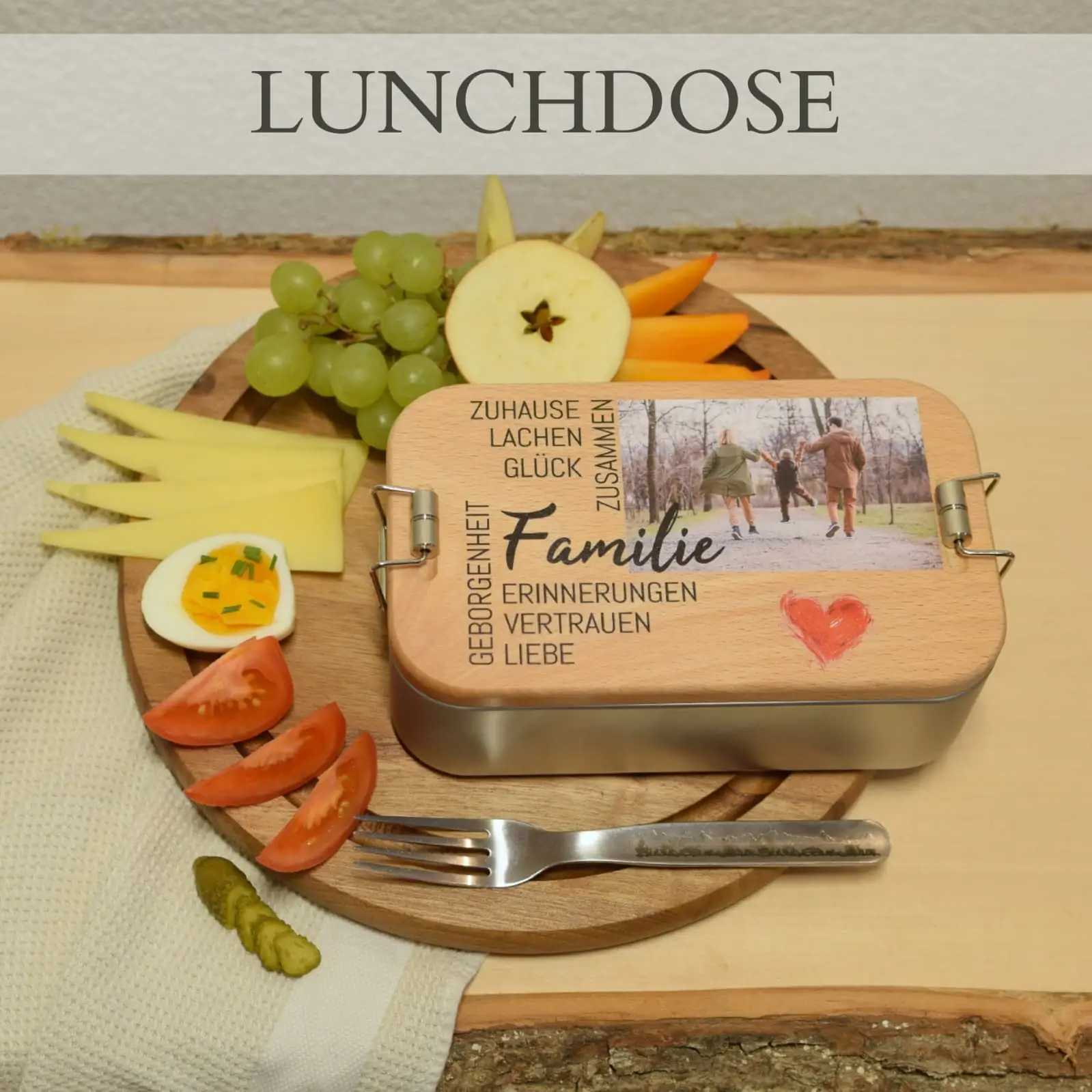 EDELSTAHL Lunchbox mit Holzdeckel