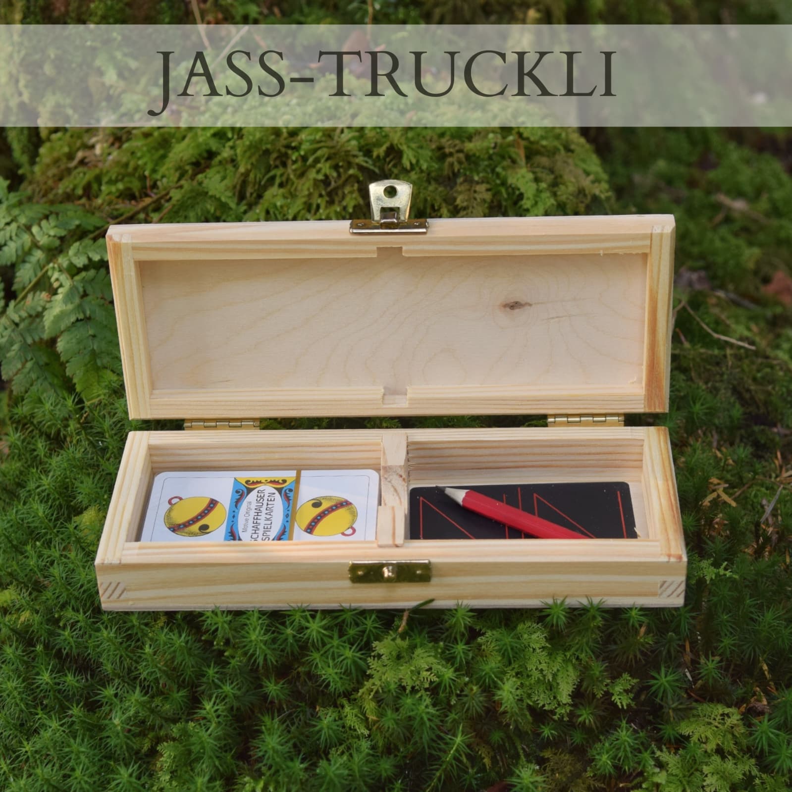 Jass-Truckli aus Buchenholz mit beispielhafter Gestaltung