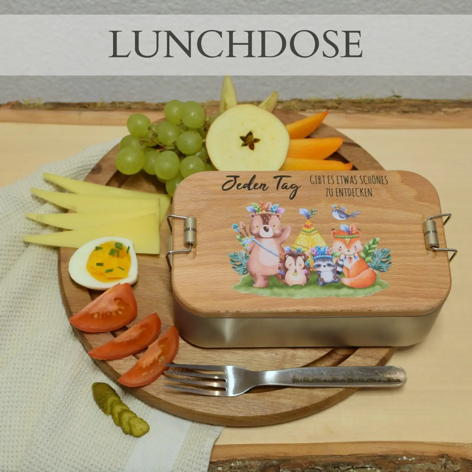 Lunchbox Edelstahl mit Holzdeckel – Farbdruck Blumenmotiv