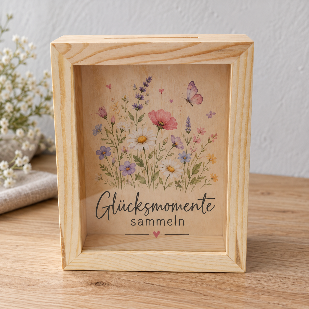 Holz-Spardose Bilderrahmen – Farbdruck Glücksmomente sammeln