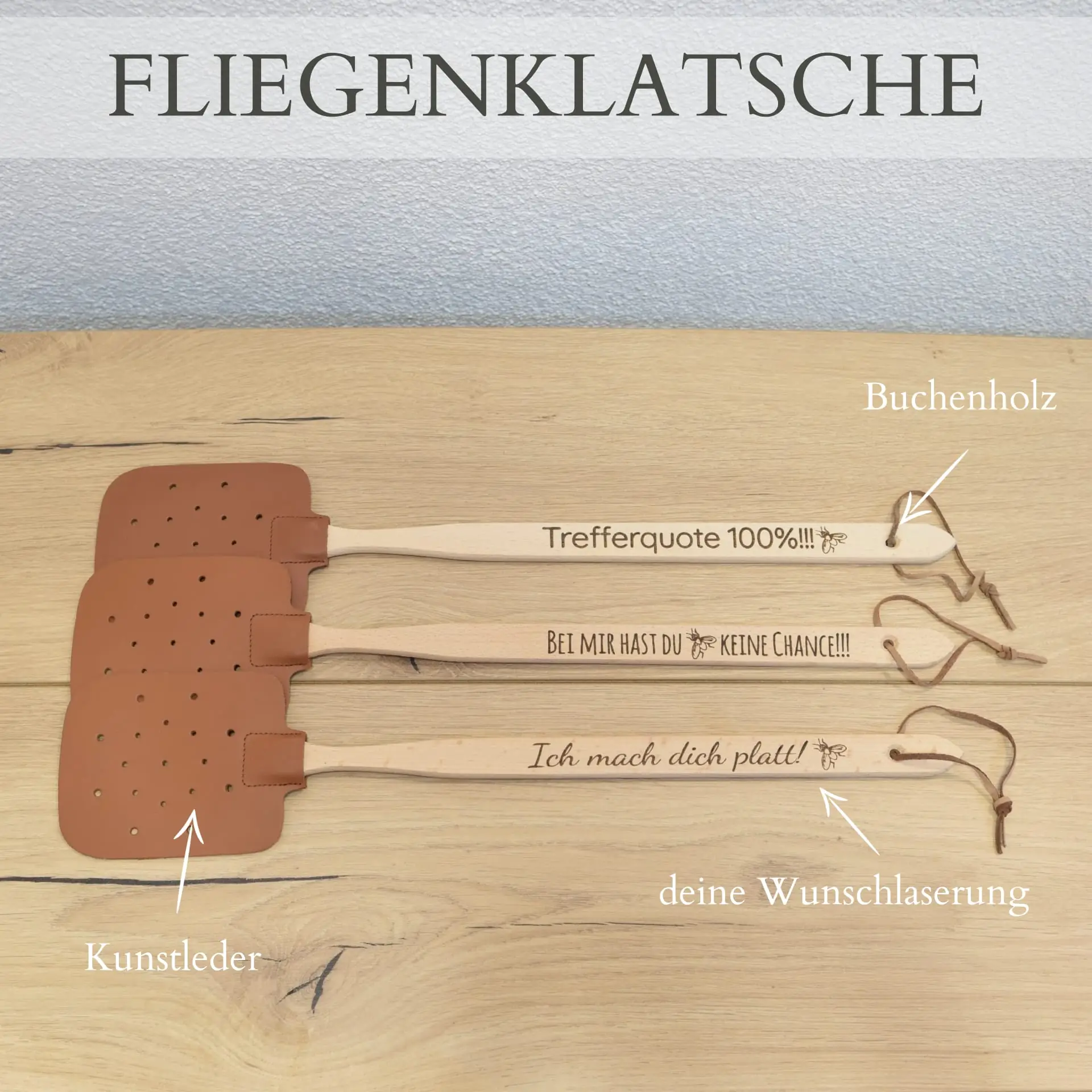 Fliegenklatsche Buchenholz – Gravurbeispiele Material und Masse