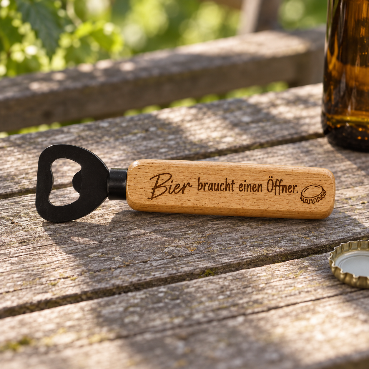Flaschenöffner Buchenholz – Lasergravur Bier braucht einen Öffner