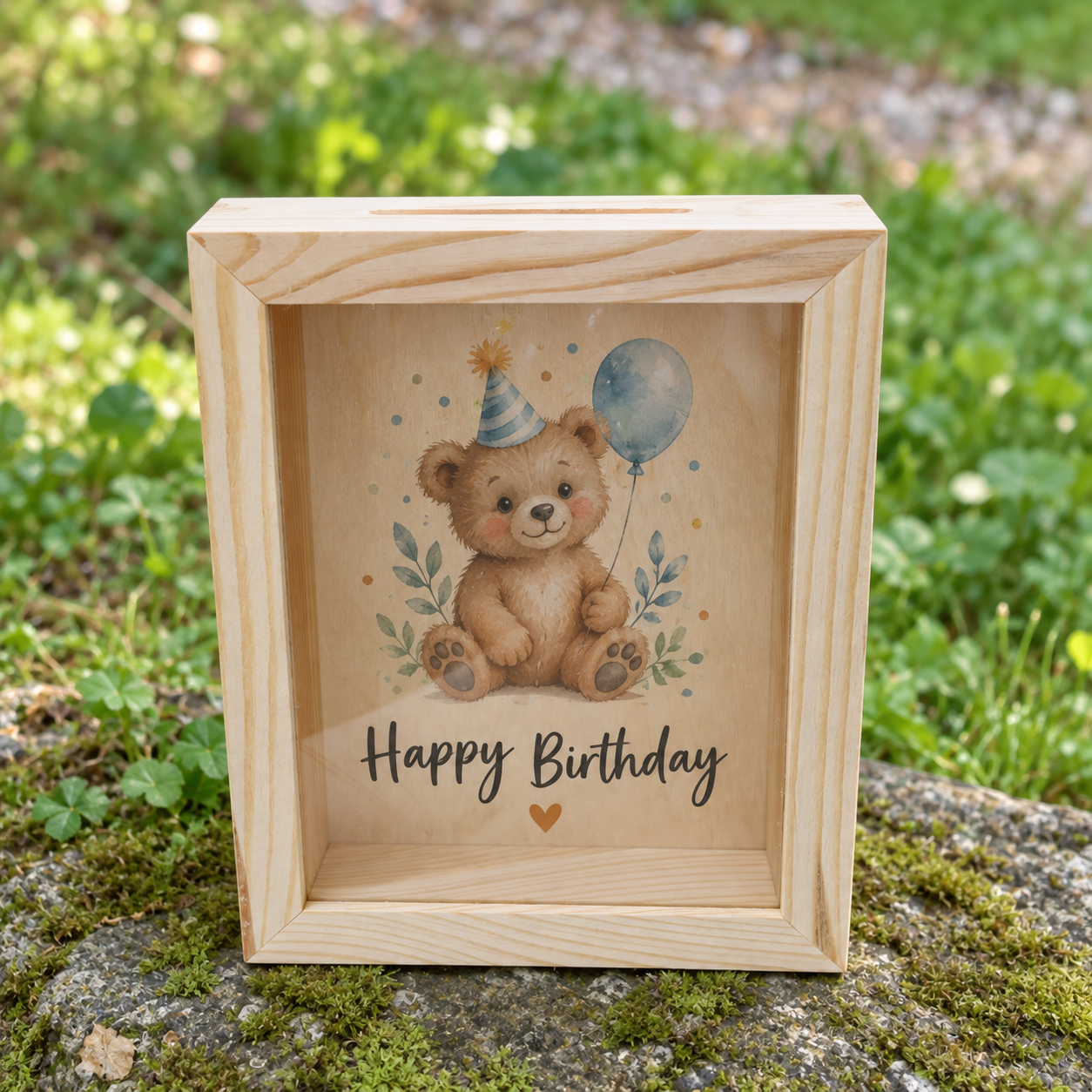 Holz-Spardose Bilderrahmen – Farbdruck Happy Birthday