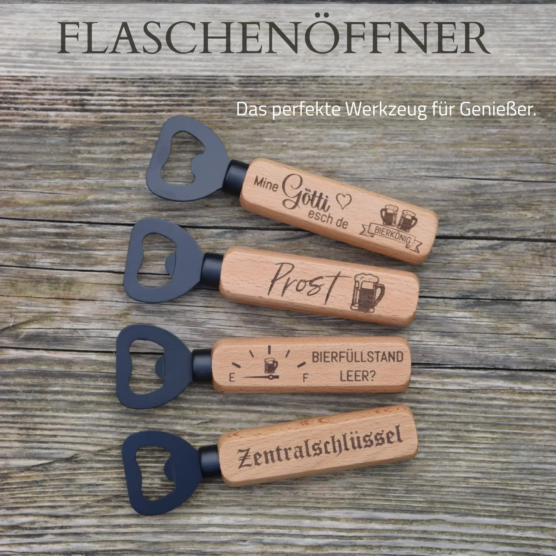 Flaschenöffner Buchenholz – Gravurbeispiele Übersicht