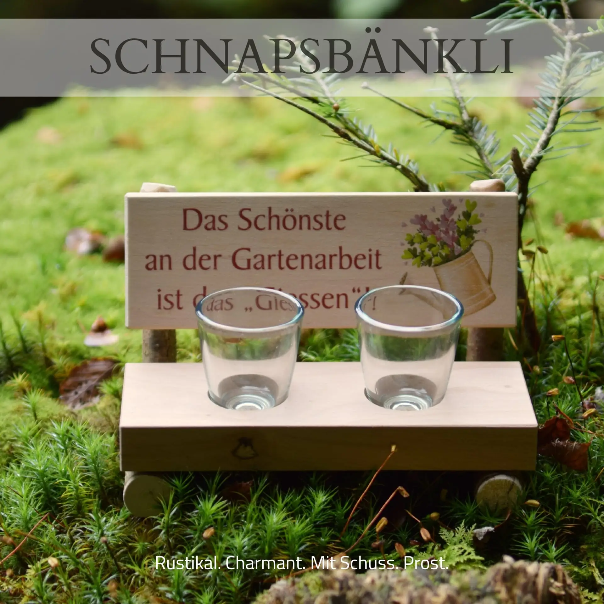 Schnapsbänkli mit zwei Gläsern – Gravur Gartenarbeit