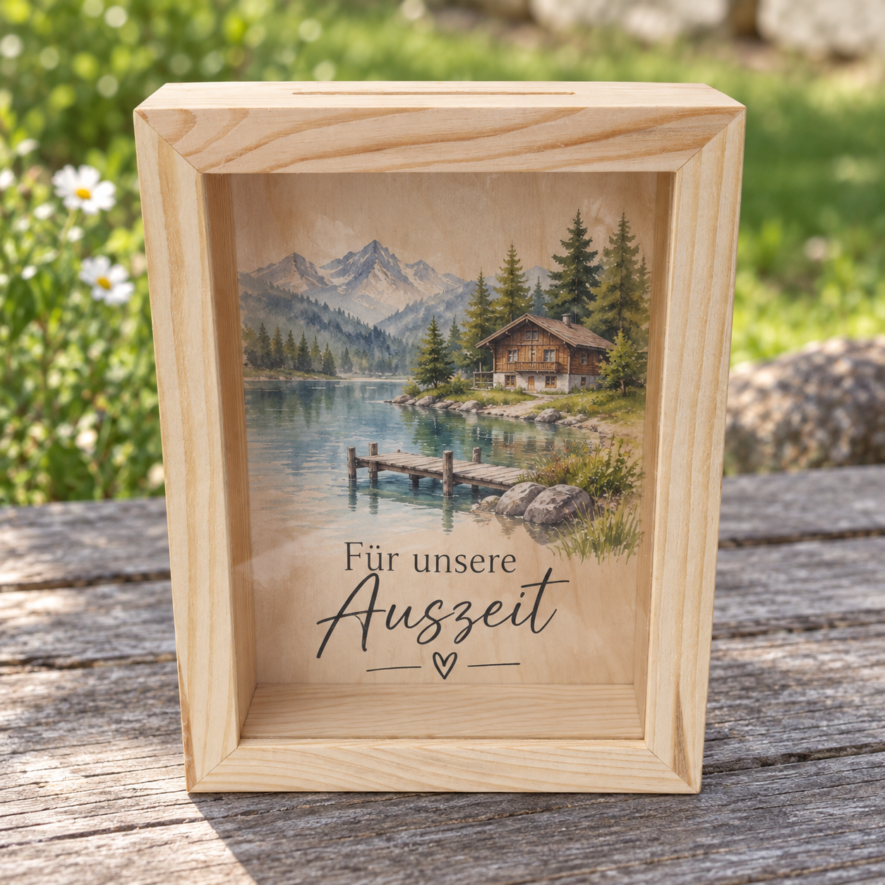 Holz-Spardose Bilderrahmen – Farbdruck Für unsere Auszeit